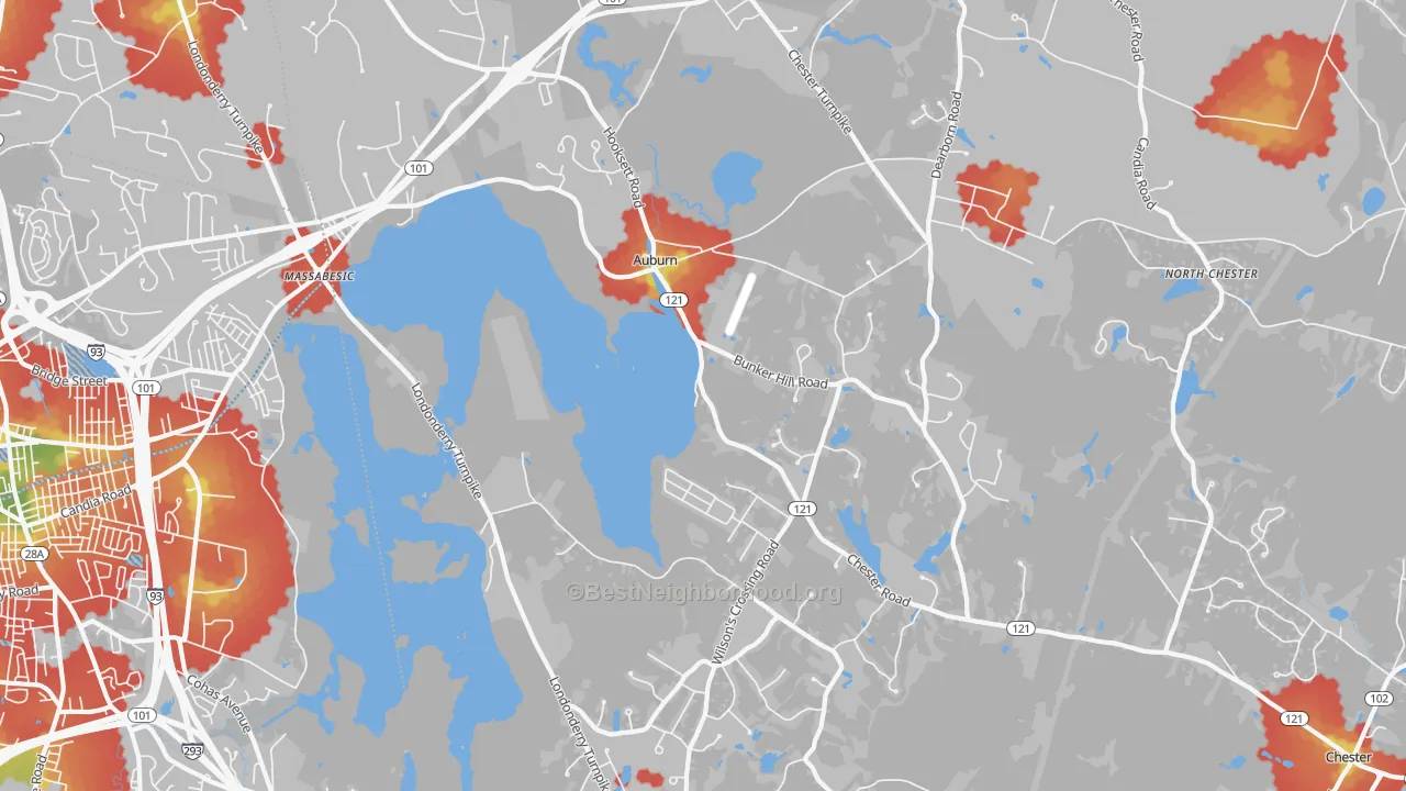 Walk Grade map of 03032, NH, walkable areas in green and car-dependent areas in red