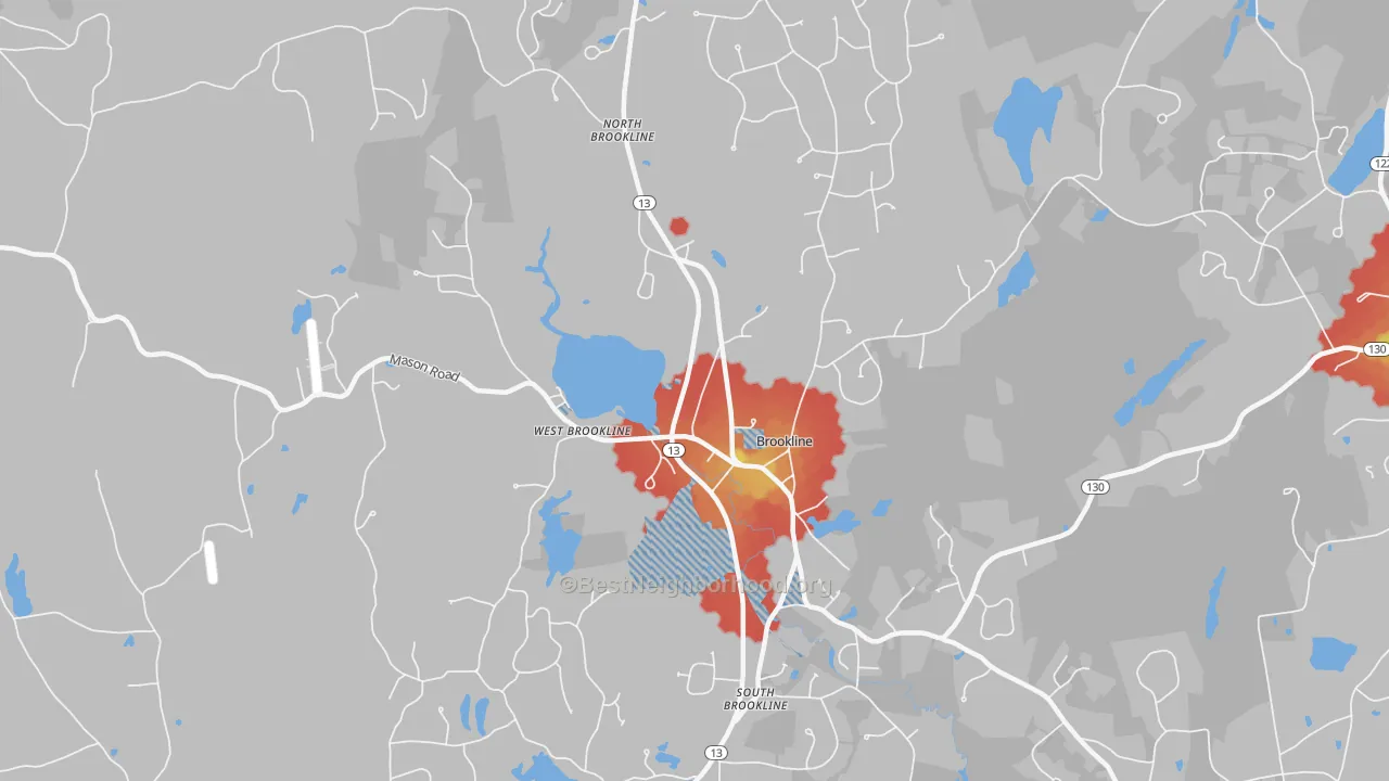 Walk Grade map of 03033, NH, walkable areas in green and car-dependent areas in red