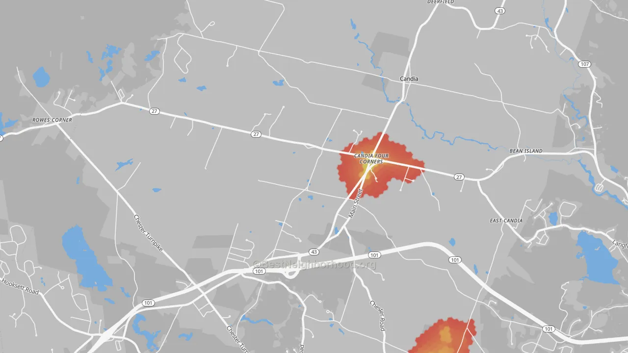 Walk Grade map of 03034, NH, walkable areas in green and car-dependent areas in red