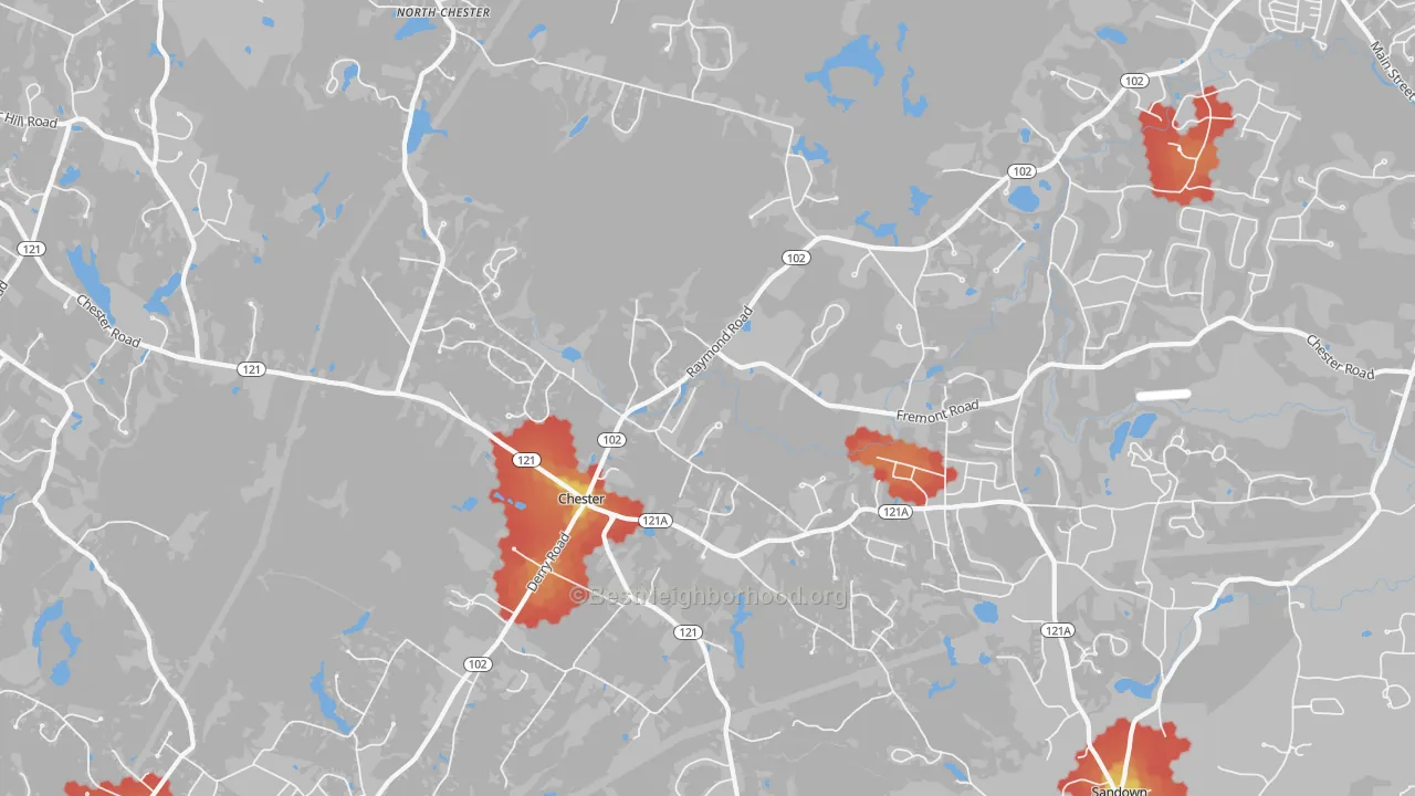 Walk Grade map of 03036, NH, walkable areas in green and car-dependent areas in red