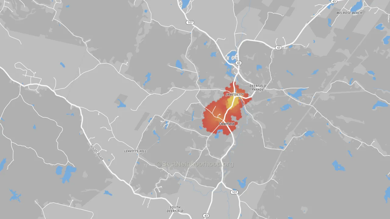 Walk Grade map of 03037, NH, walkable areas in green and car-dependent areas in red