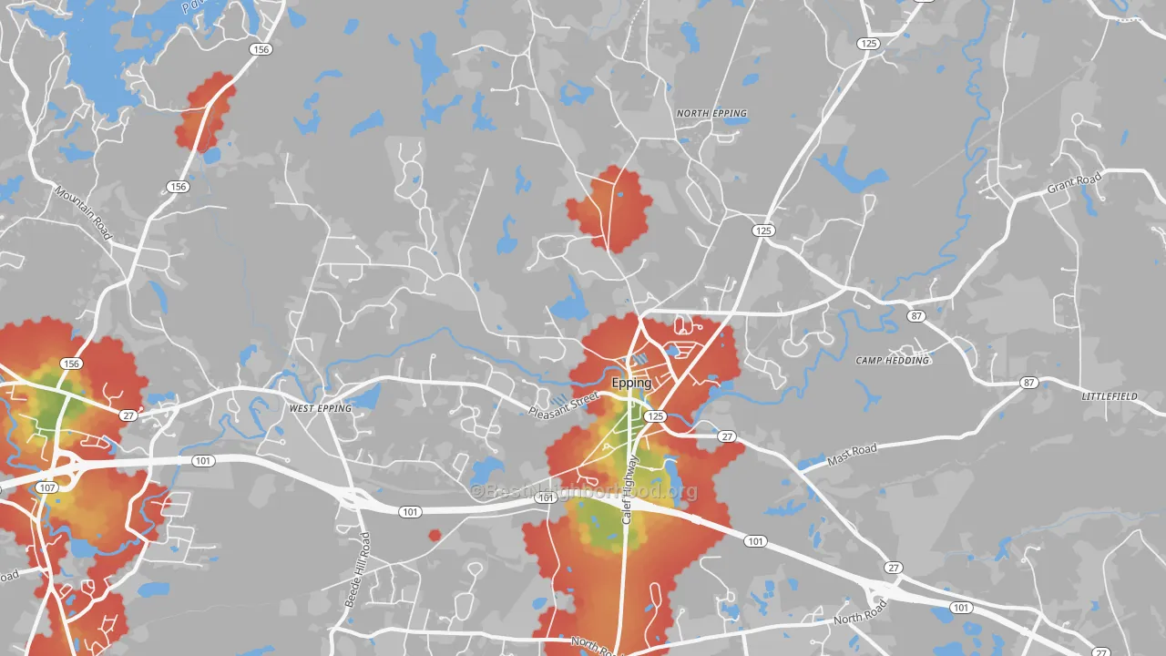 Walk Grade map of 03042, NH, walkable areas in green and car-dependent areas in red