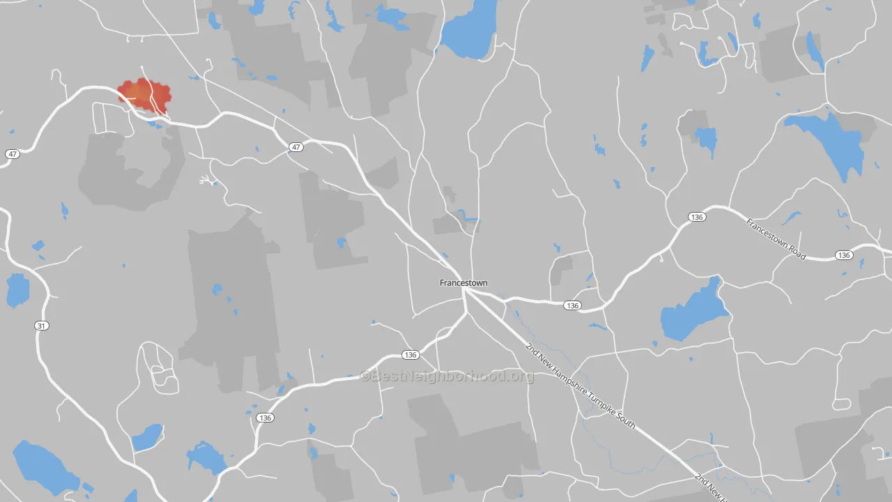 Walk Grade map of 03043, NH, walkable areas in green and car-dependent areas in red
