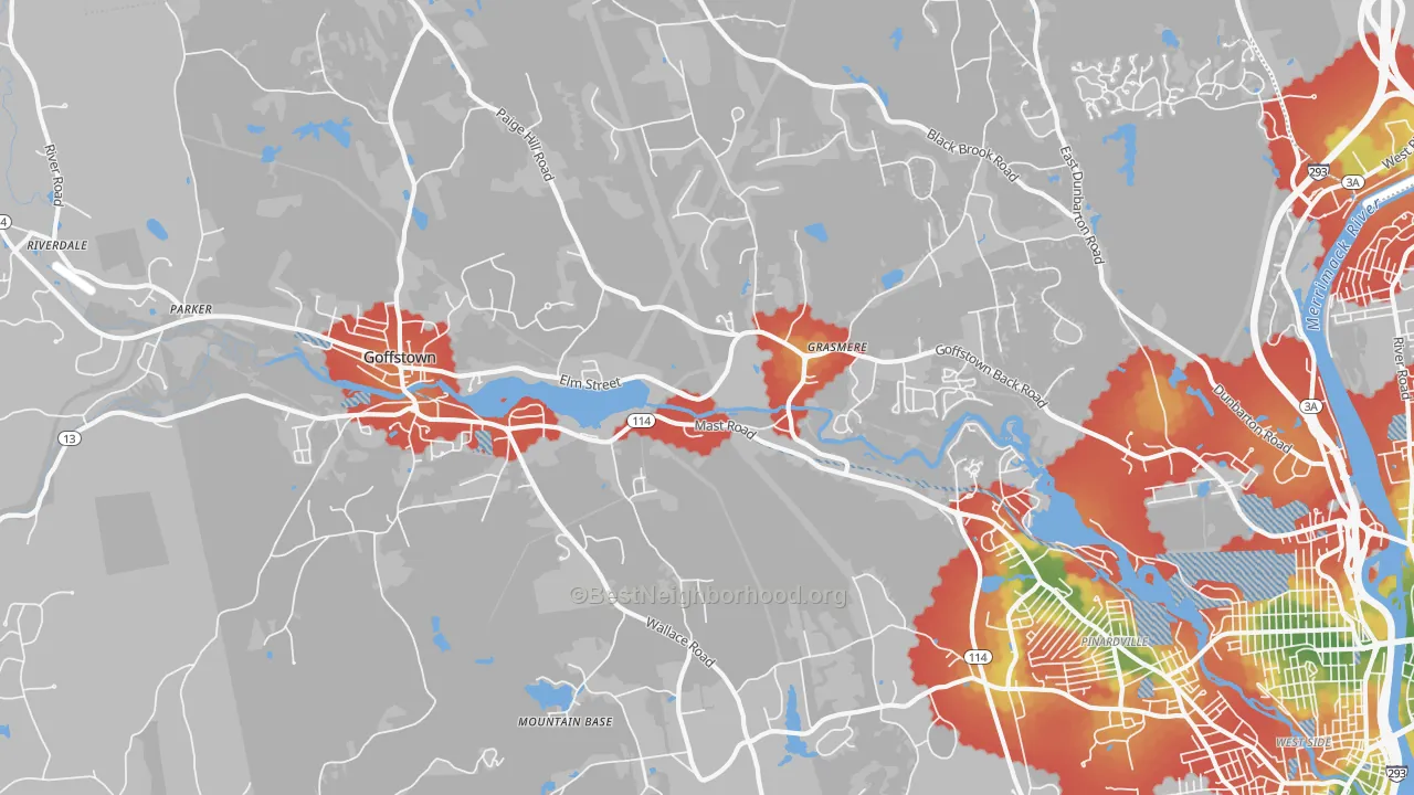 Walk Grade map of 03045, NH, walkable areas in green and car-dependent areas in red