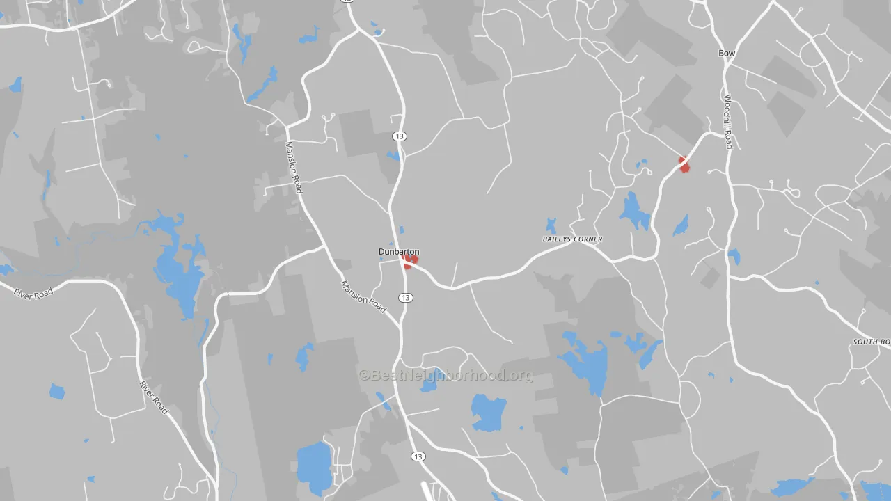 Walk Grade map of 03046, NH, walkable areas in green and car-dependent areas in red