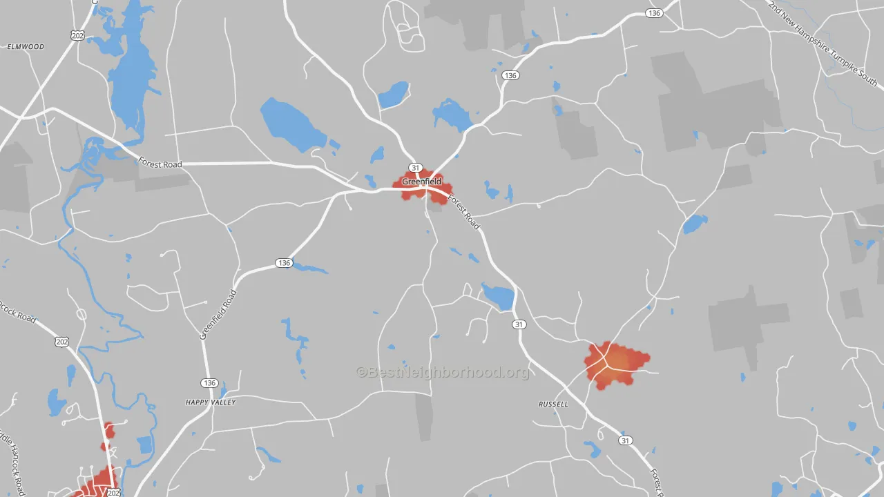 Walk Grade map of 03047, NH, walkable areas in green and car-dependent areas in red