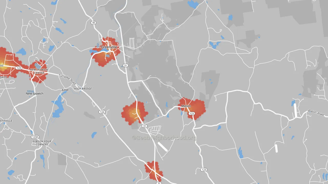 Walk Grade map of 03048, NH, walkable areas in green and car-dependent areas in red
