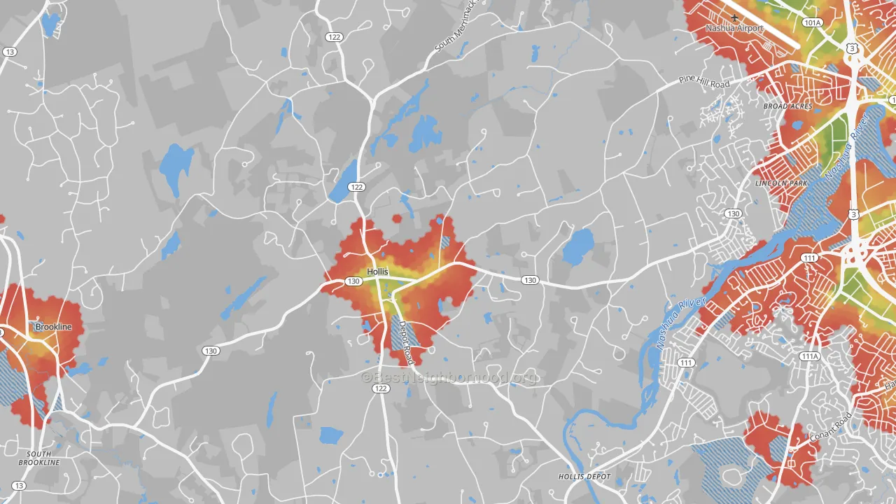 Walk Grade map of 03049, NH, walkable areas in green and car-dependent areas in red