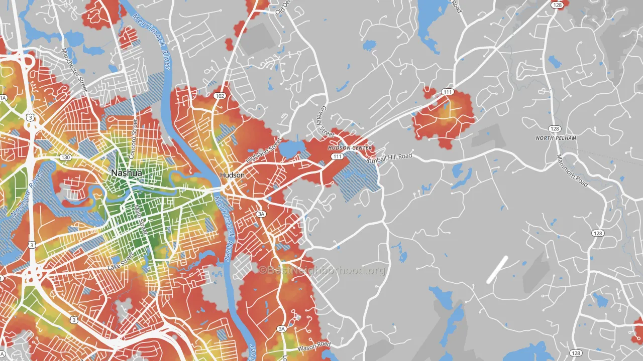 Walk Grade map of 03051, NH, walkable areas in green and car-dependent areas in red