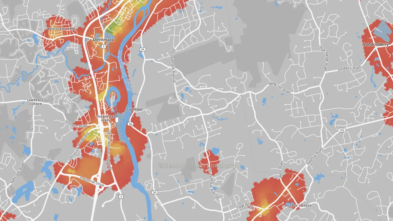 Walk Grade map of 03052, NH, walkable areas in green and car-dependent areas in red