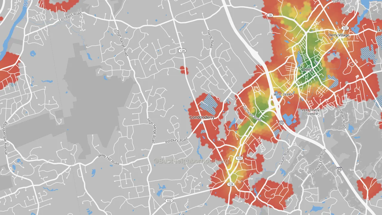 Walk Grade map of 03053, NH, walkable areas in green and car-dependent areas in red