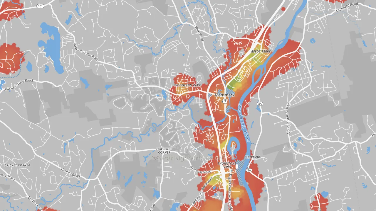 Walk Grade map of 03054, NH, walkable areas in green and car-dependent areas in red
