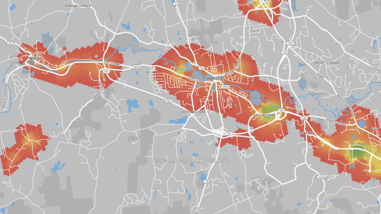 Walk Grade map of 03055, NH, walkable areas in green and car-dependent areas in red