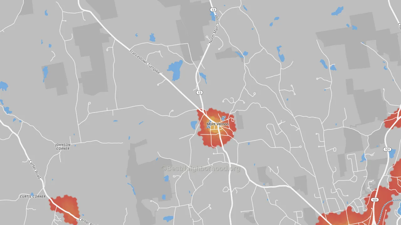 Walk Grade map of 03057, NH, walkable areas in green and car-dependent areas in red