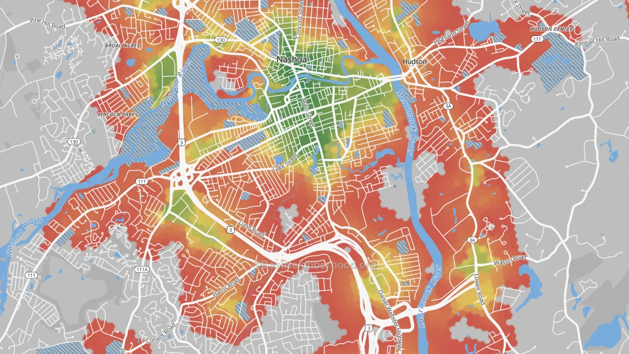 Walk Grade map of 03060, NH, walkable areas in green and car-dependent areas in red