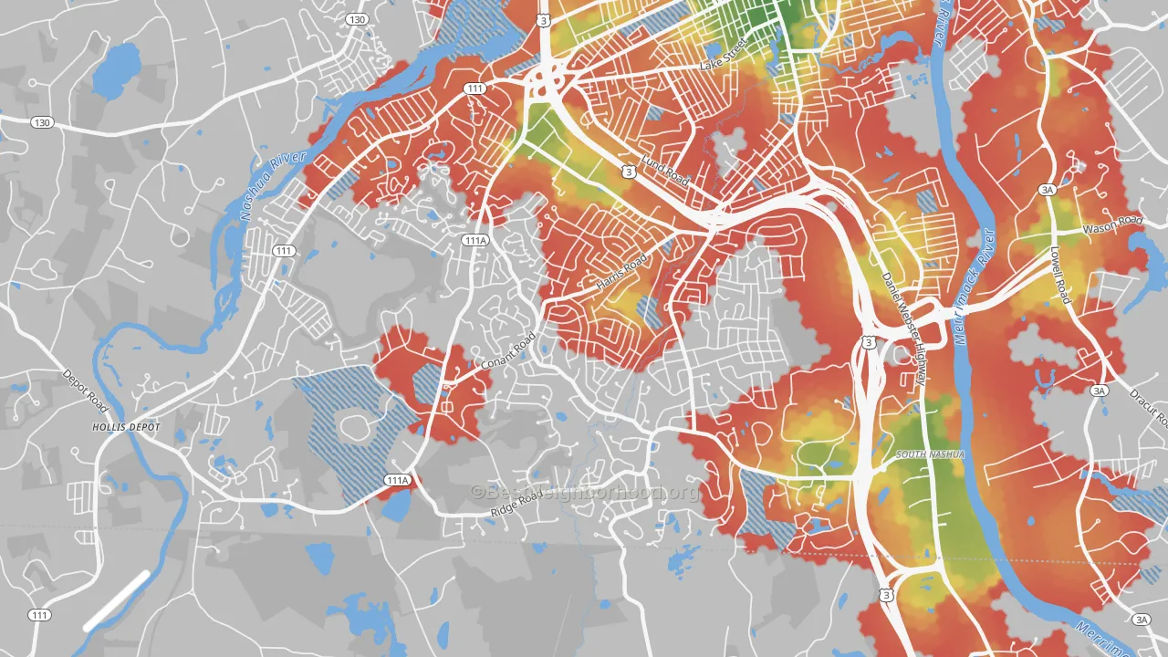 Walk Grade map of 03062, NH, walkable areas in green and car-dependent areas in red