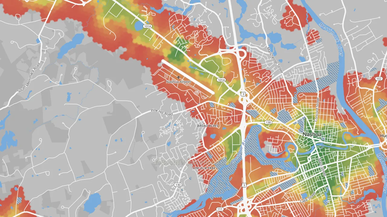 Walk Grade map of 03063, NH, walkable areas in green and car-dependent areas in red