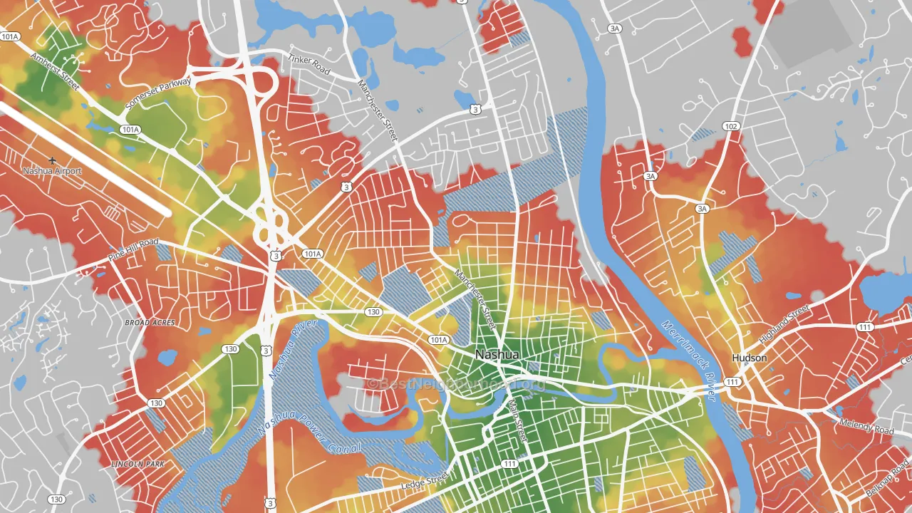 Walk Grade map of 03064, NH, walkable areas in green and car-dependent areas in red