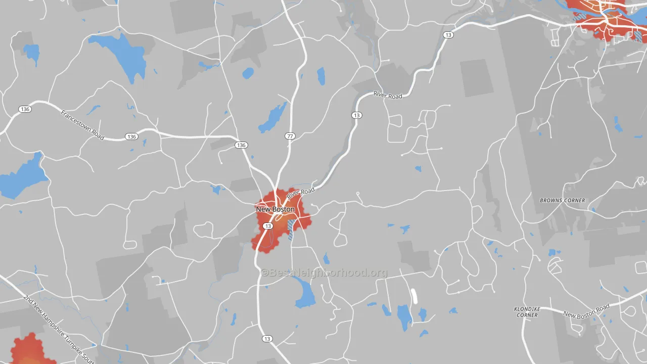 Walk Grade map of 03070, NH, walkable areas in green and car-dependent areas in red