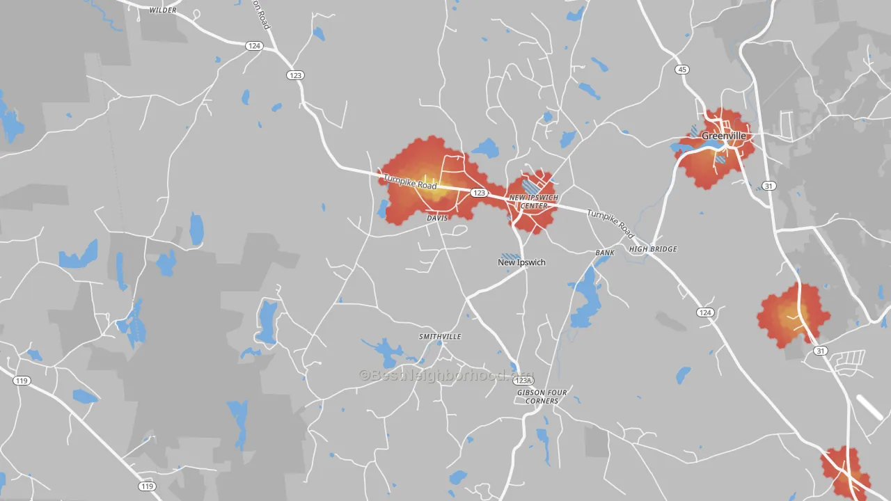 Walk Grade map of 03071, NH, walkable areas in green and car-dependent areas in red