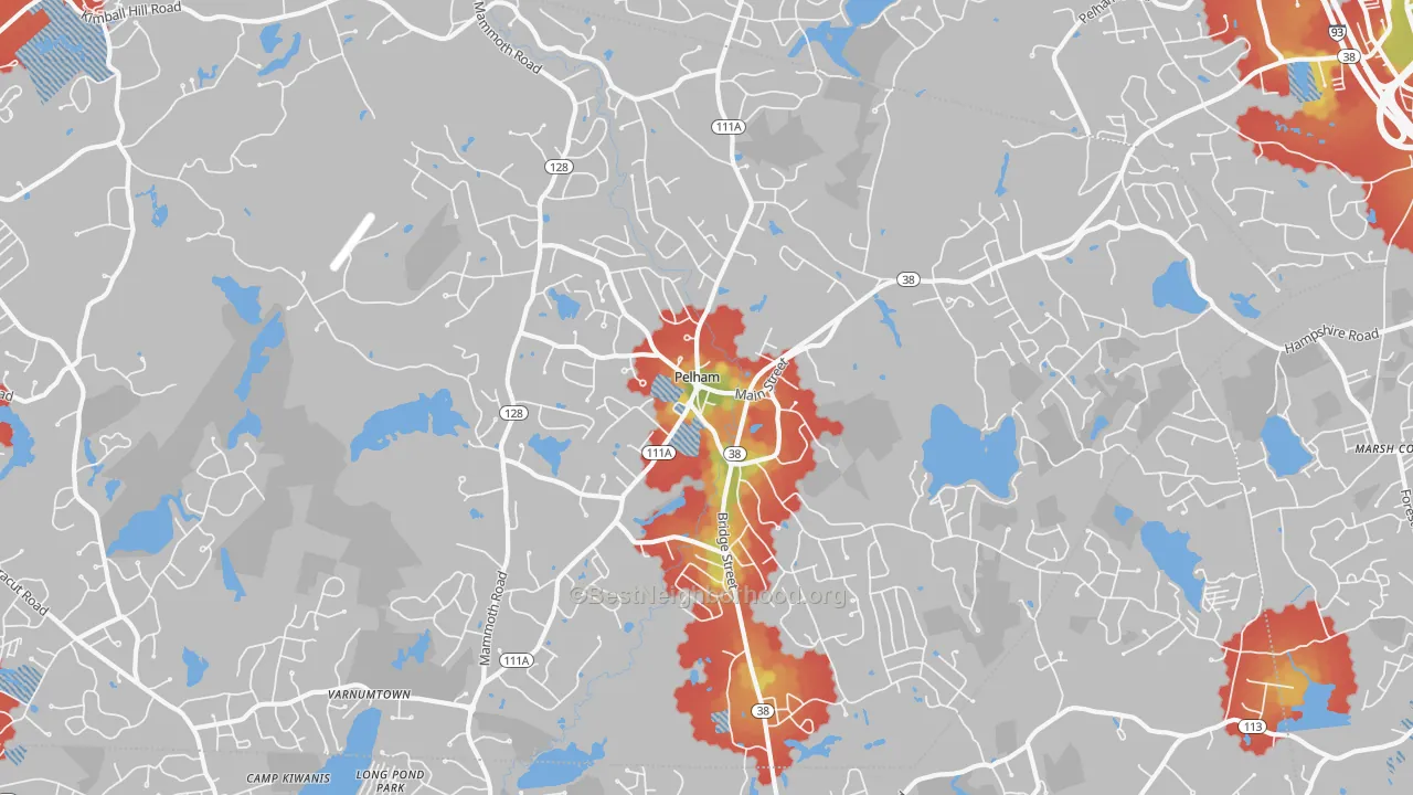 Walk Grade map of 03076, NH, walkable areas in green and car-dependent areas in red