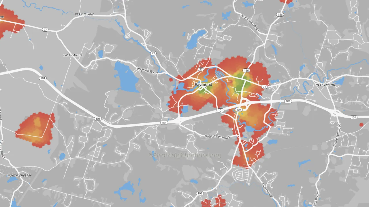 Walk Grade map of 03077, NH, walkable areas in green and car-dependent areas in red
