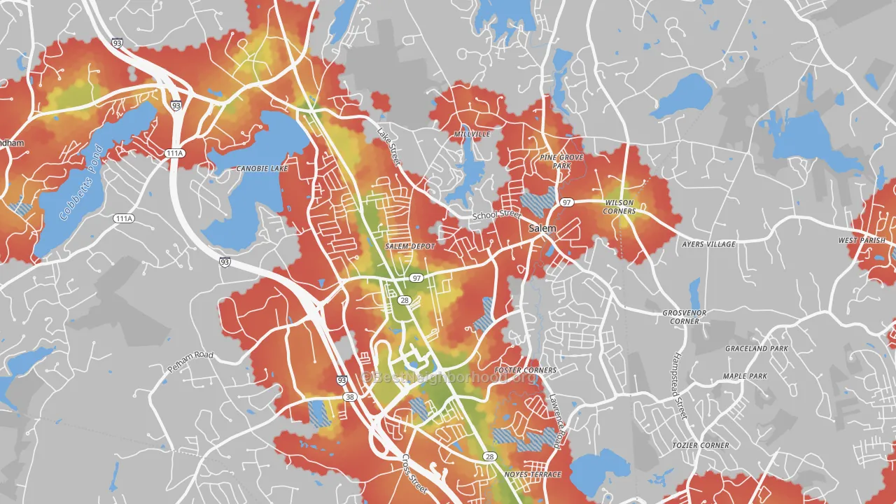 Walk Grade map of 03079, NH, walkable areas in green and car-dependent areas in red