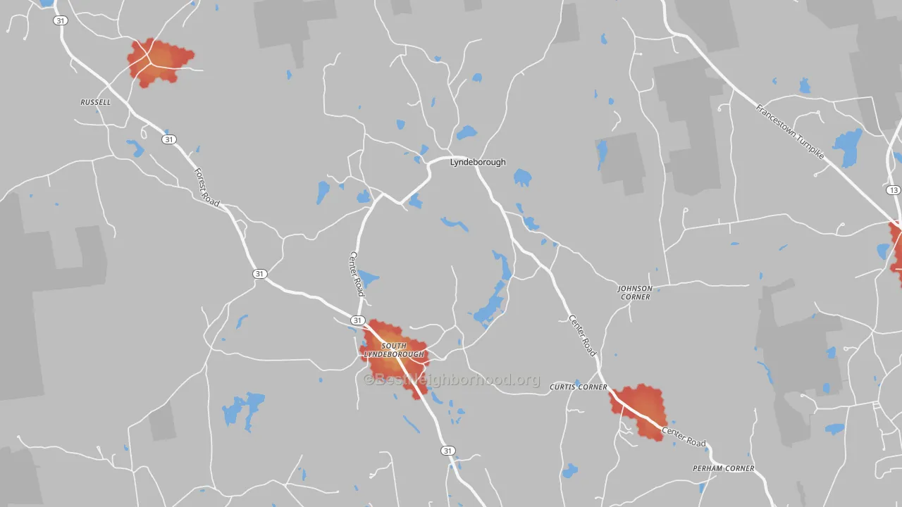 Walk Grade map of 03082, NH, walkable areas in green and car-dependent areas in red