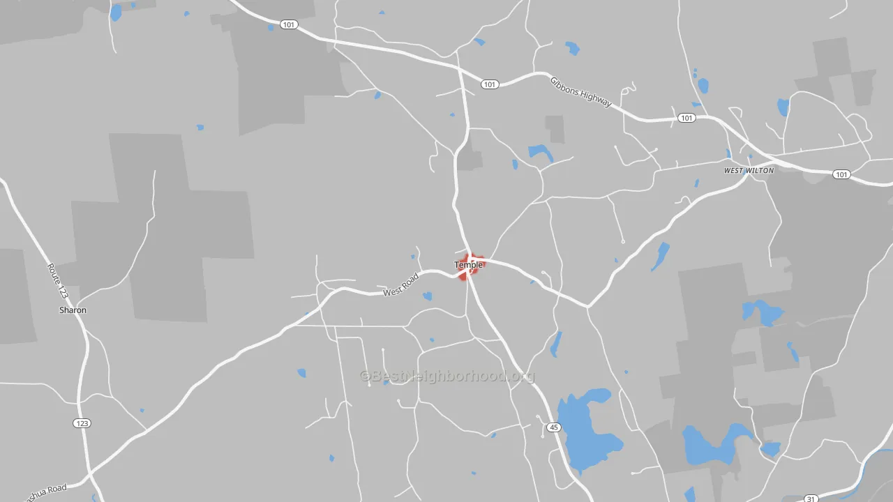 Walk Grade map of 03084, NH, walkable areas in green and car-dependent areas in red