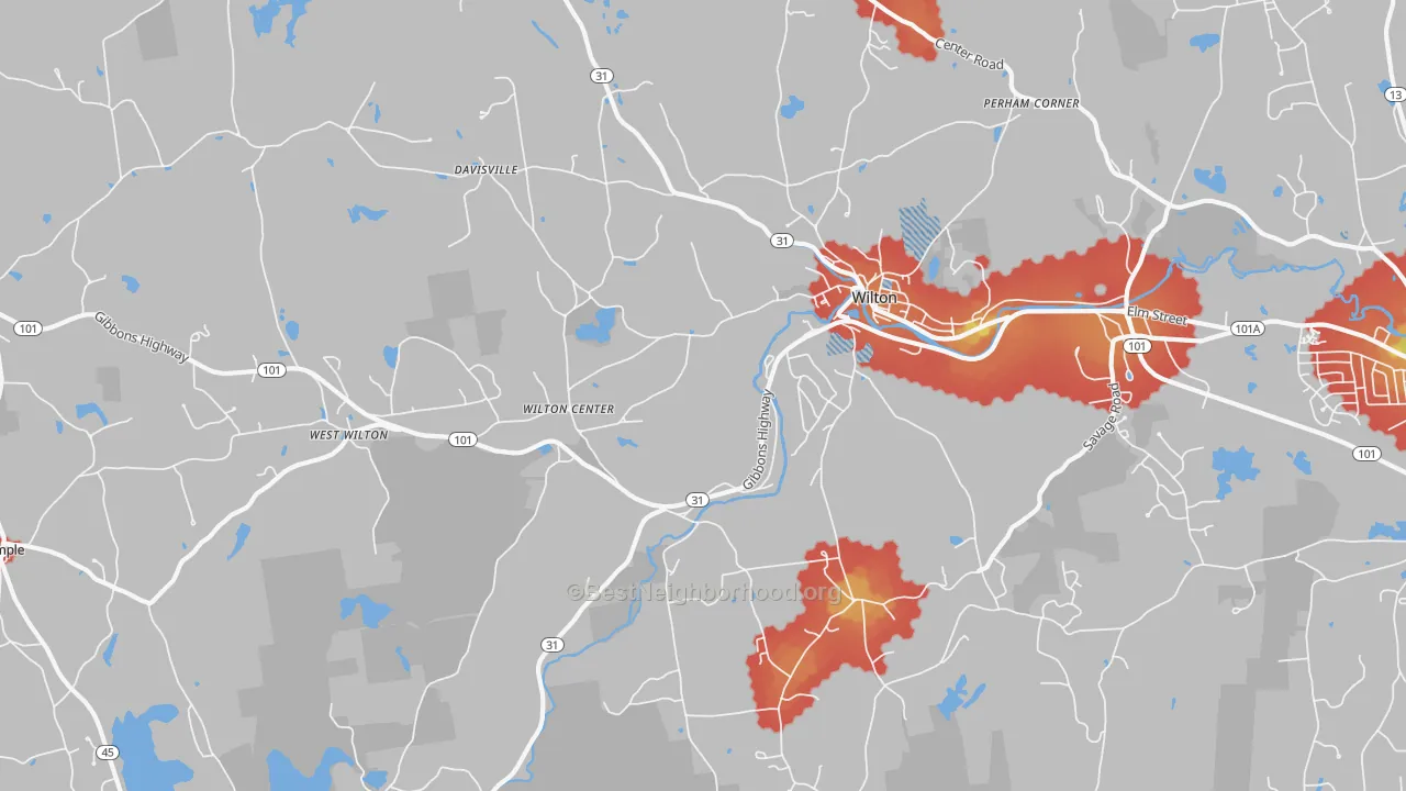 Walk Grade map of 03086, NH, walkable areas in green and car-dependent areas in red