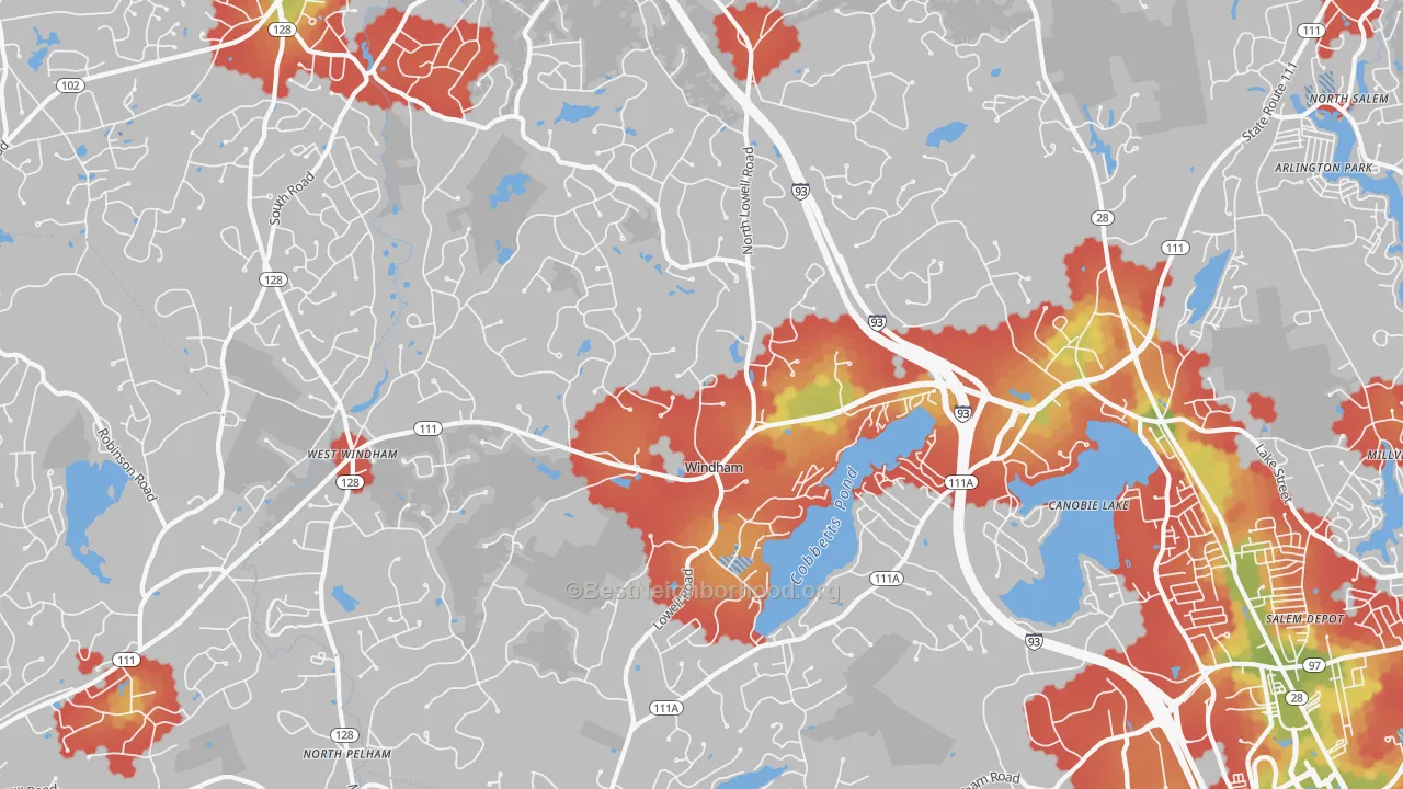 Walk Grade map of 03087, NH, walkable areas in green and car-dependent areas in red
