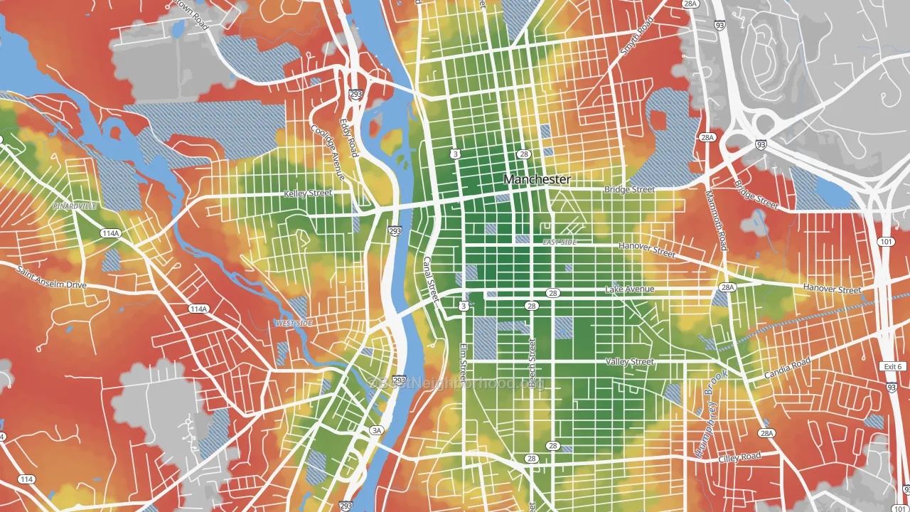 Walk Grade map of 03101, NH, walkable areas in green and car-dependent areas in red