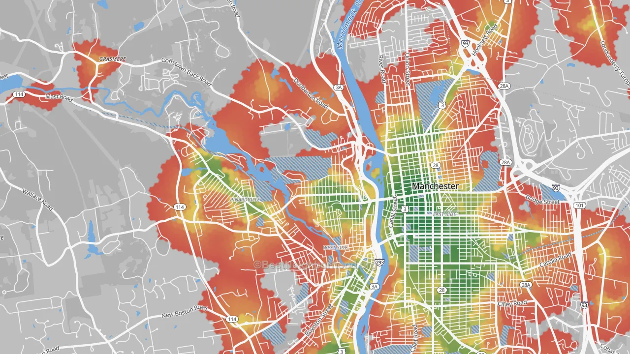Walk Grade map of 03102, NH, walkable areas in green and car-dependent areas in red