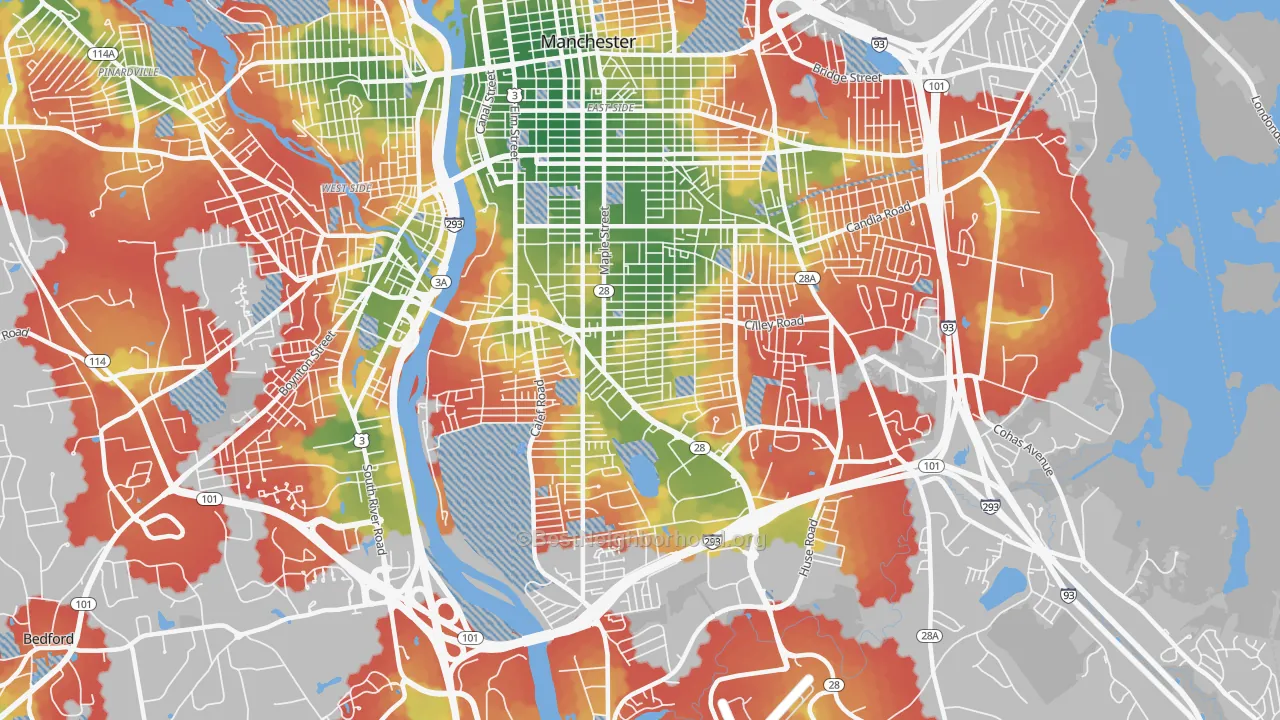 Walk Grade map of 03103, NH, walkable areas in green and car-dependent areas in red