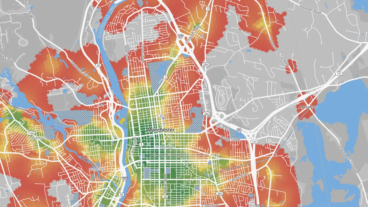 Walk Grade map of 03104, NH, walkable areas in green and car-dependent areas in red