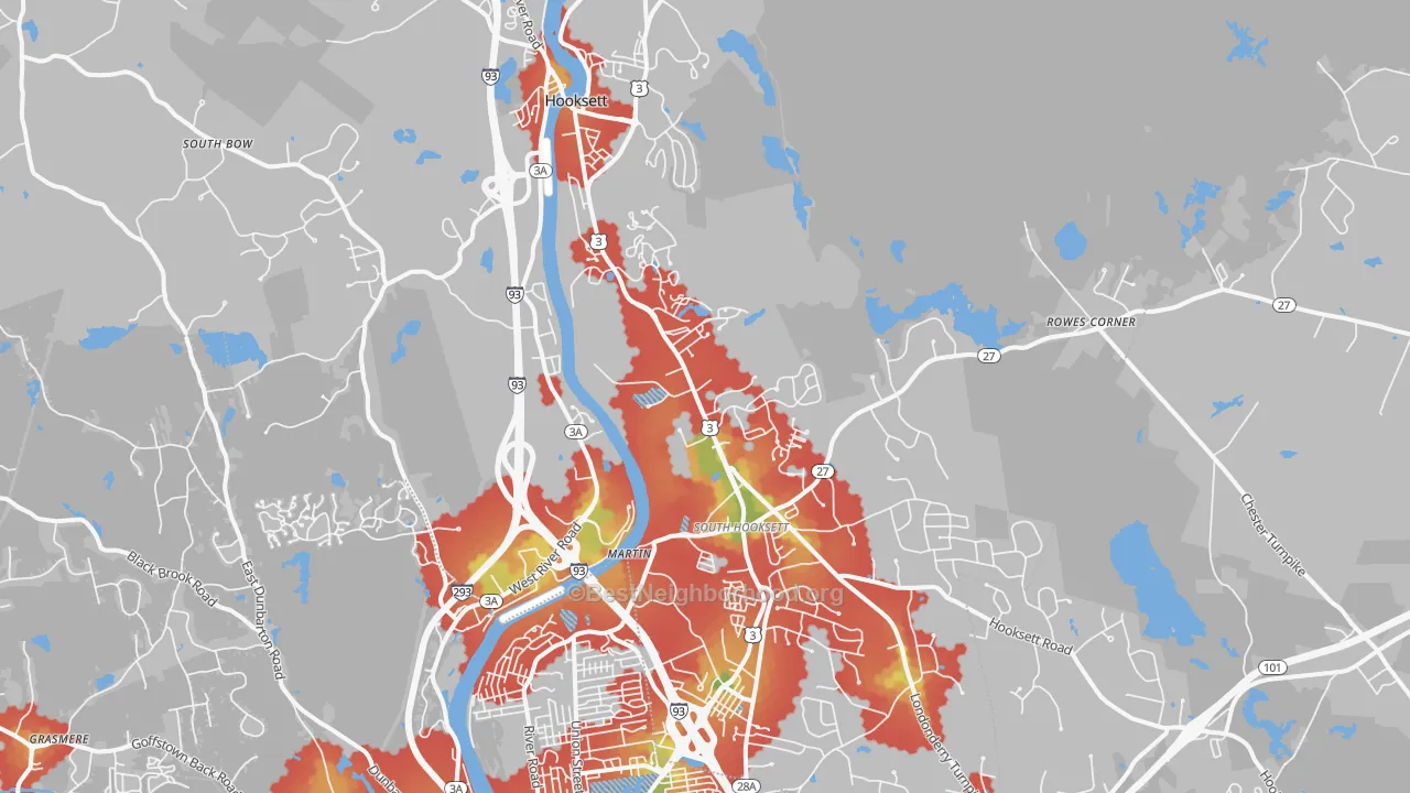 Walk Grade map of 03106, NH, walkable areas in green and car-dependent areas in red