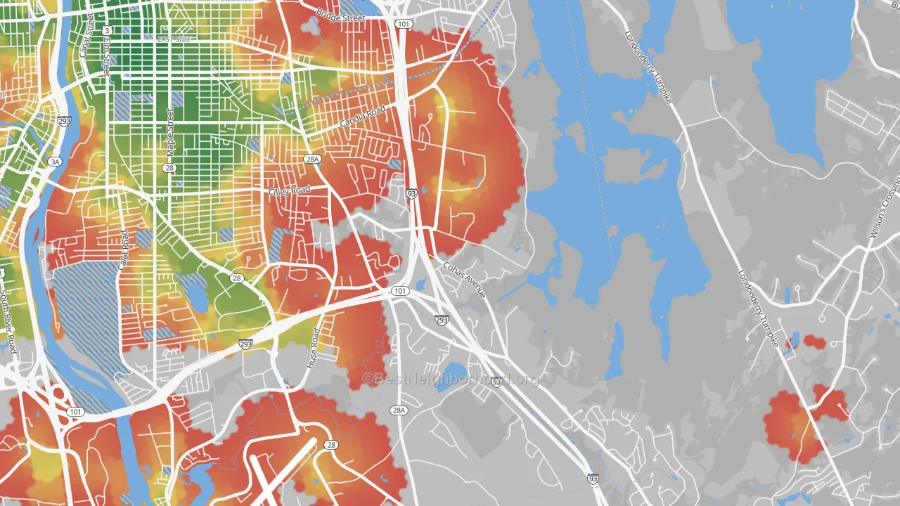 Walk Grade map of 03109, NH, walkable areas in green and car-dependent areas in red