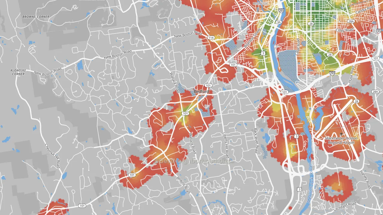 Walk Grade map of 03110, NH, walkable areas in green and car-dependent areas in red