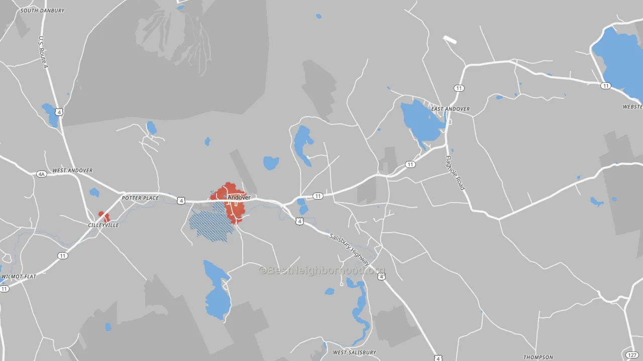 Walk Grade map of 03216, NH, walkable areas in green and car-dependent areas in red