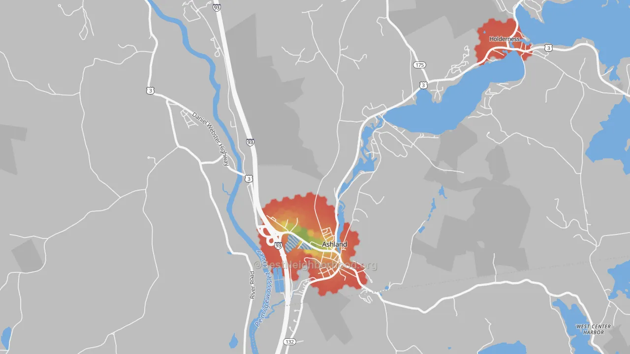 Walk Grade map of 03217, NH, walkable areas in green and car-dependent areas in red