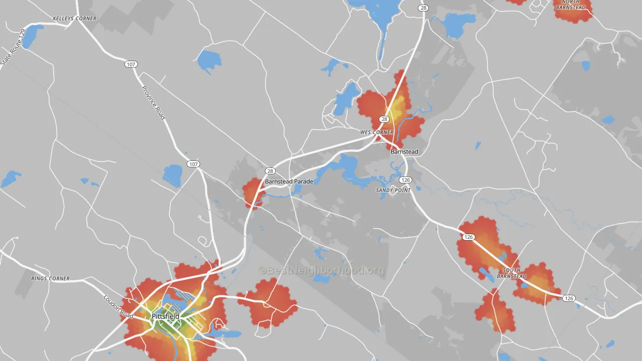 Walk Grade map of 03218, NH, walkable areas in green and car-dependent areas in red
