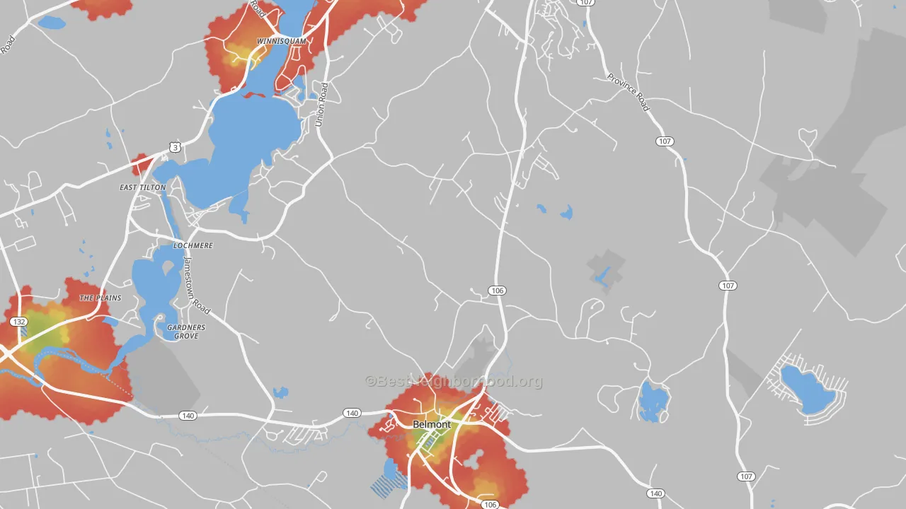 Walk Grade map of 03220, NH, walkable areas in green and car-dependent areas in red
