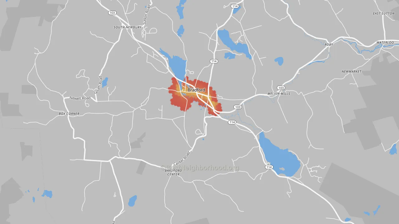 Walk Grade map of 03221, NH, walkable areas in green and car-dependent areas in red
