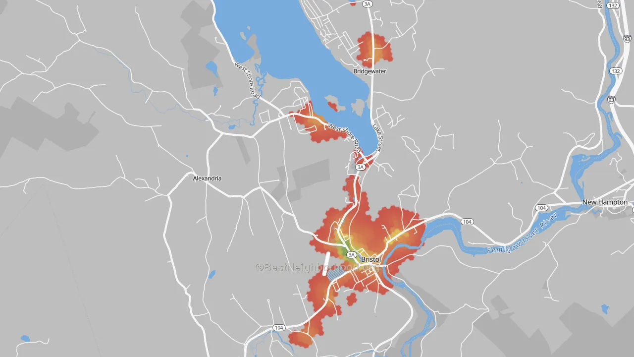 Walk Grade map of 03222, NH, walkable areas in green and car-dependent areas in red
