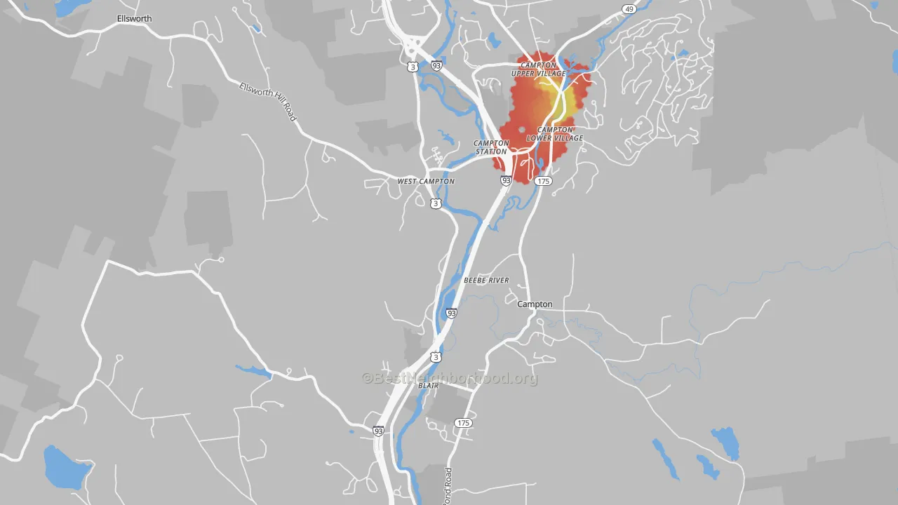Walk Grade map of 03223, NH, walkable areas in green and car-dependent areas in red