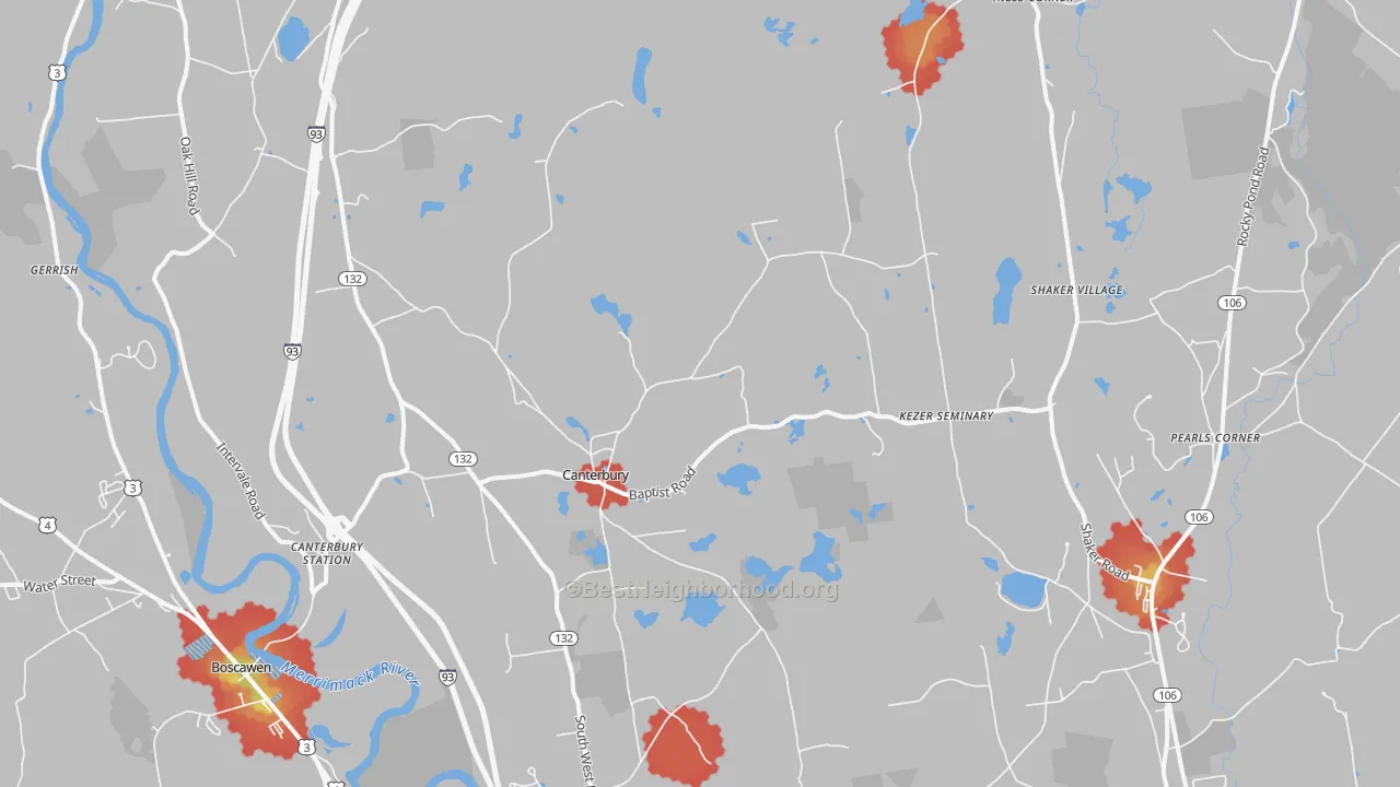 Walk Grade map of 03224, NH, walkable areas in green and car-dependent areas in red