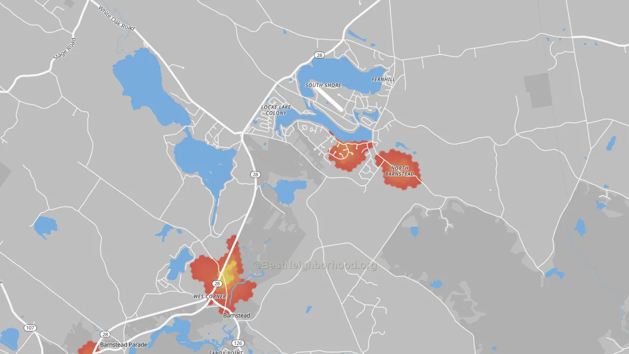 Walk Grade map of 03225, NH, walkable areas in green and car-dependent areas in red