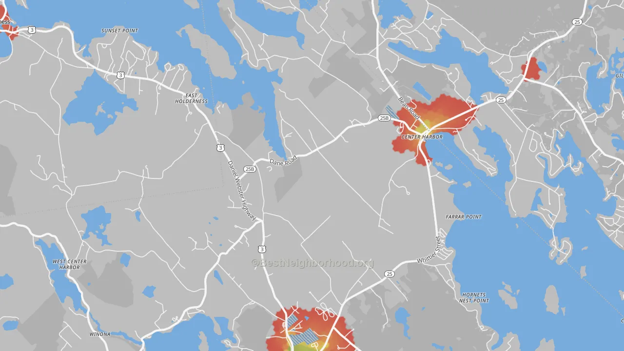Walk Grade map of 03226, NH, walkable areas in green and car-dependent areas in red