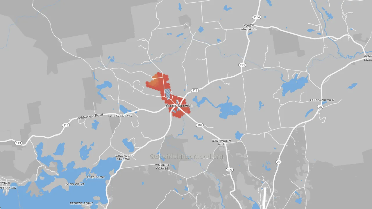Walk Grade map of 03227, NH, walkable areas in green and car-dependent areas in red