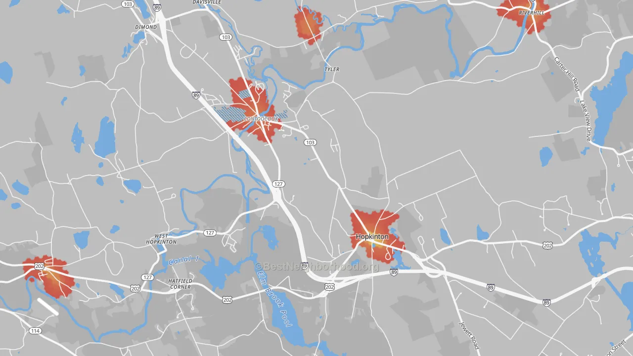 Walk Grade map of 03229, NH, walkable areas in green and car-dependent areas in red